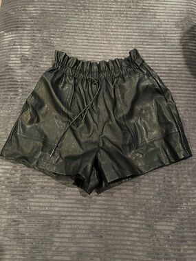 High-Waist Faux Leather Black Shorts with Drawstring